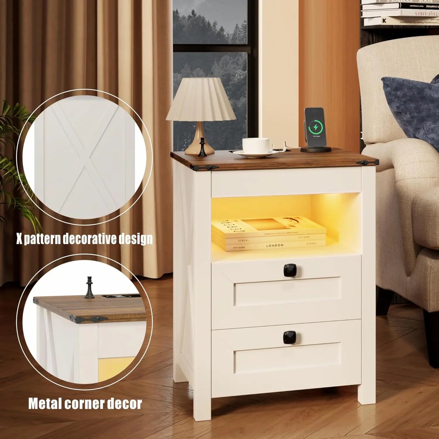 Frame LED Nightstand Set Of 2 Gun Drawer Charging Station