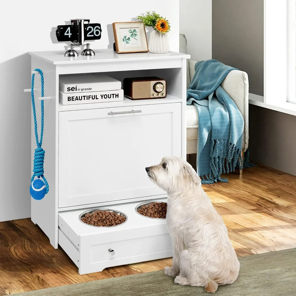 Pet Feeder Station With Double Pull Out Bowls And Cabinet