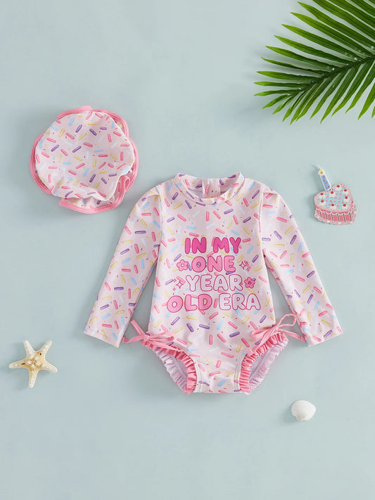 NONECN Toddler Girls Rash Guard Swimsuit With Long Sleeve Cap