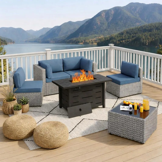 PE Rattan Sofa Set With Fire Pit Table And Cushions