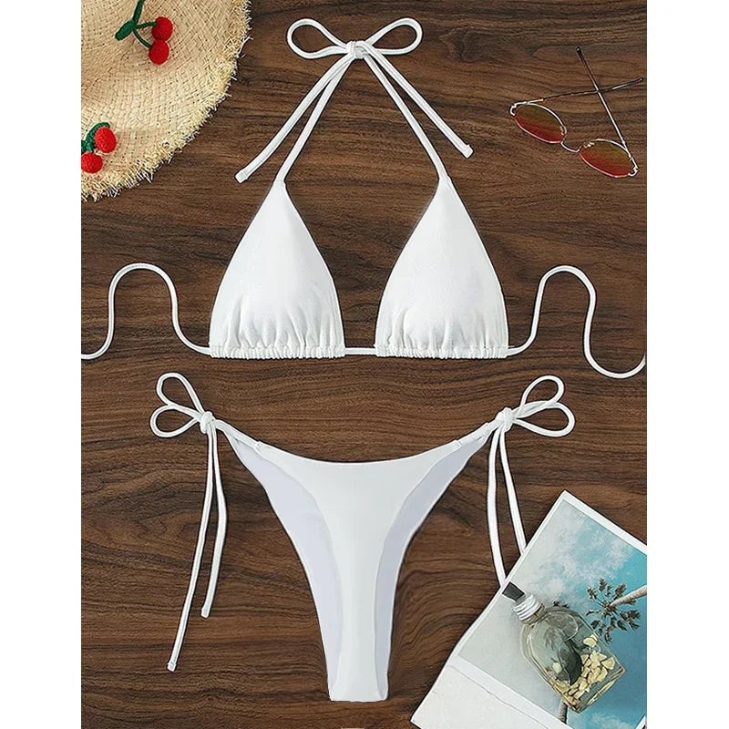 Women Halter Bikini Set Two Piece Solid Swimwear For Summer