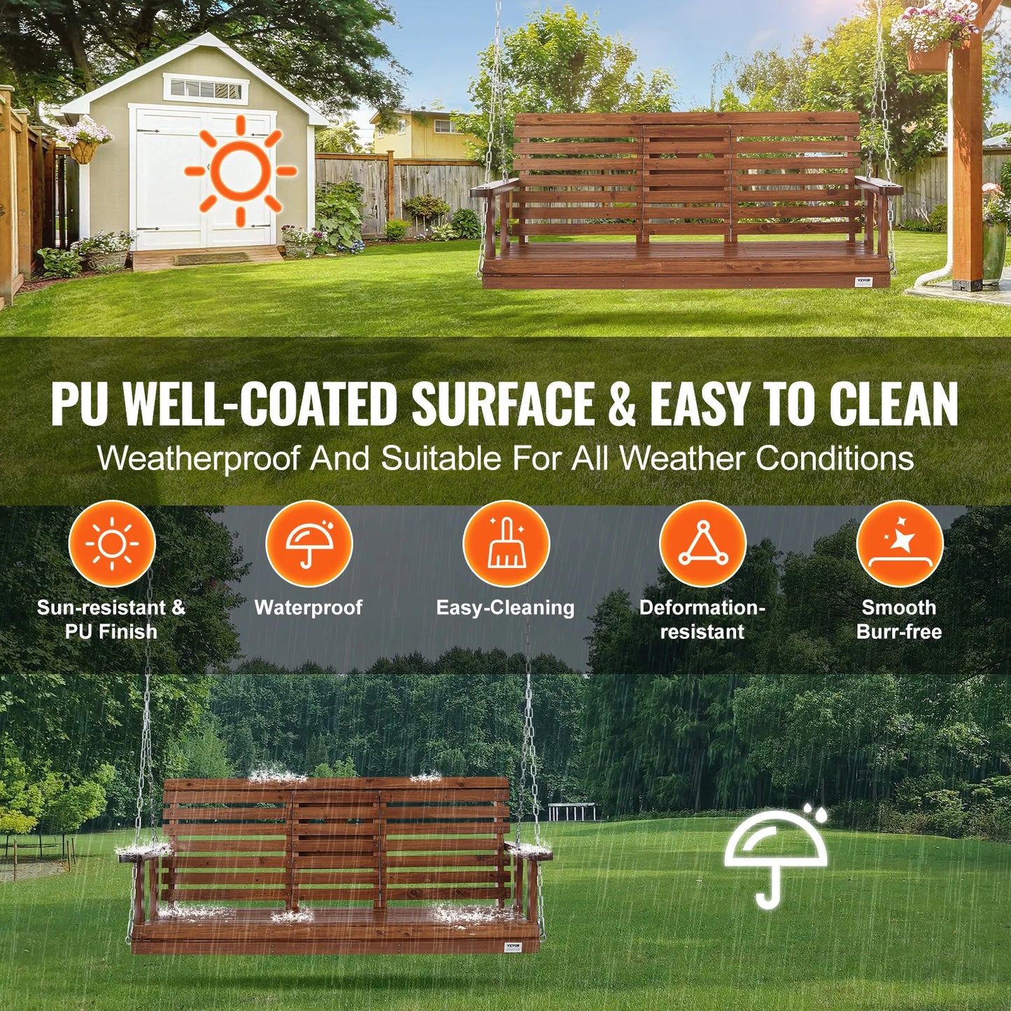 SucceBuy Wooden Porch Swing Patio Bench With 880 Lbs Capacity