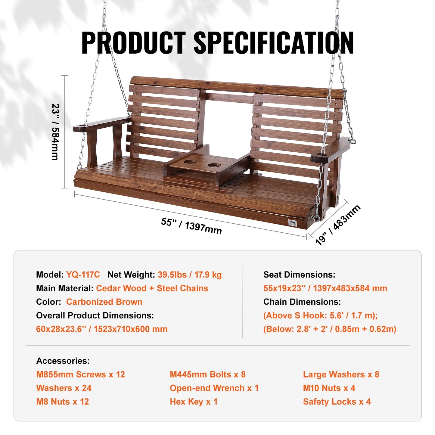 SucceBuy Wooden Porch Swing Patio Bench With 880 Lbs Capacity