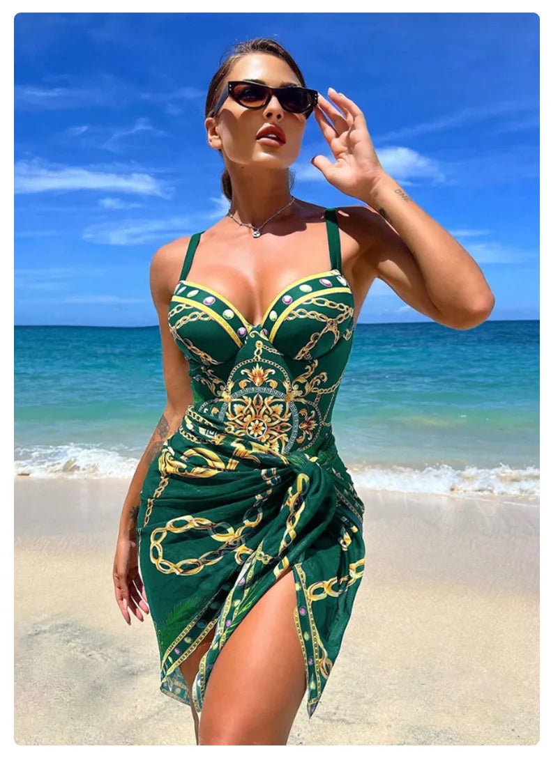 Underwire Push Up Women's Two Piece Bikini Swimsuit Chains Print