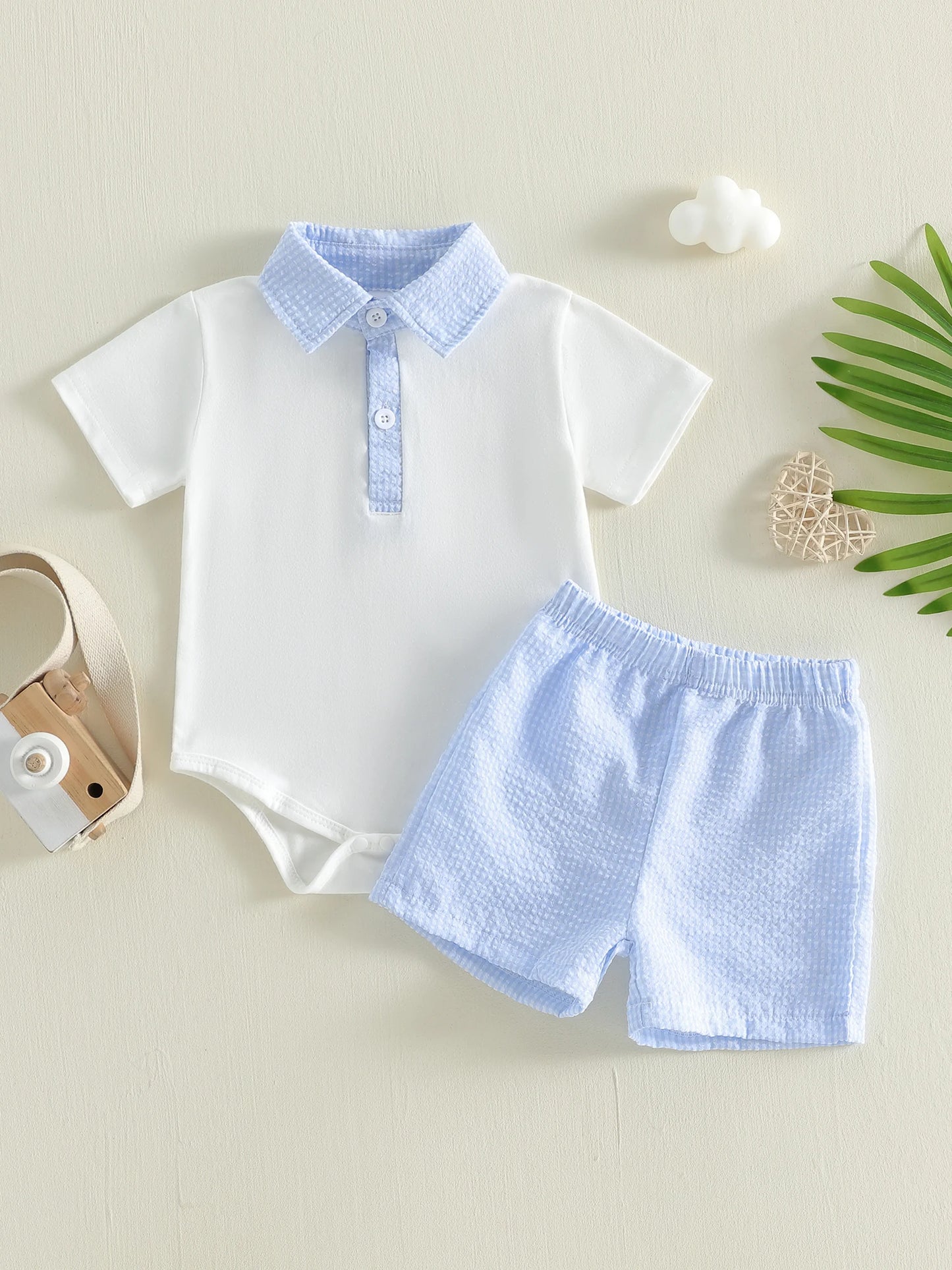 Two Piece Patchwork Plaid Romper and Elastic Waist Shorts Set for Infants
