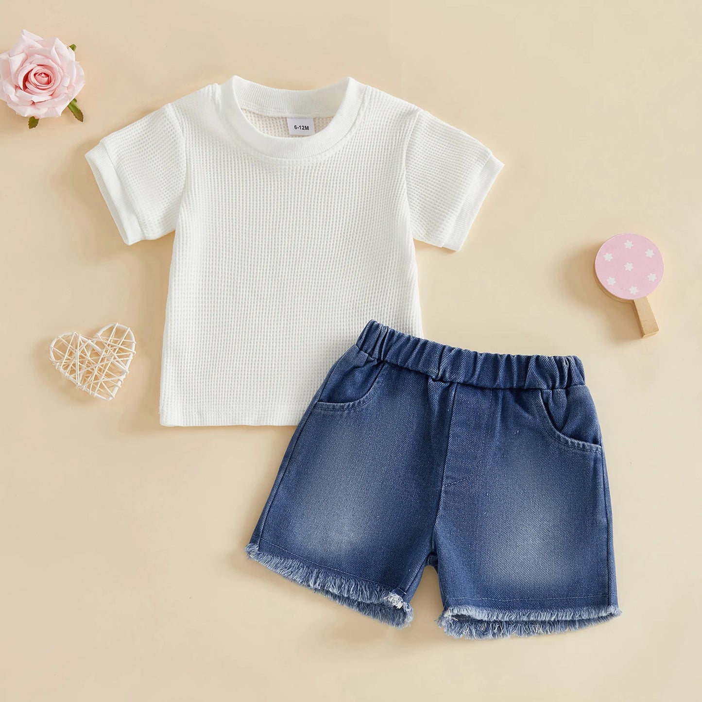 Two-Piece Infant Summer Outfit Set Crew Neck Tops Denim Shorts