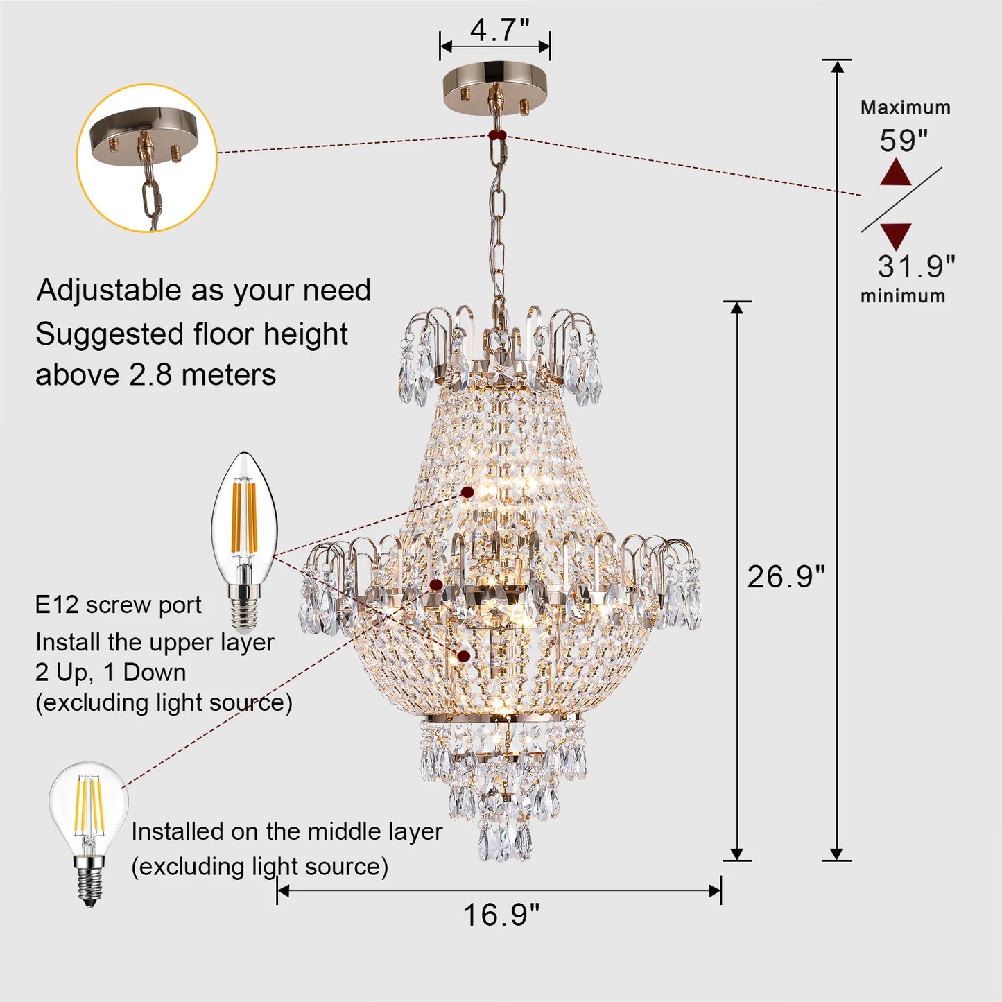 ARLGSITE Luxury Crystal Chandelier K9 Crystals Ceiling Pendant Light