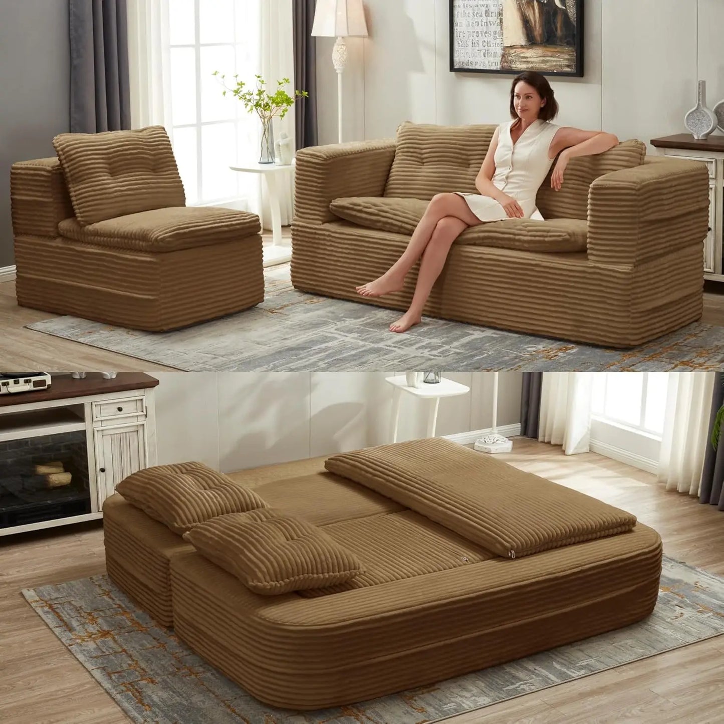Corduroy Futon Sofa Bed L Shaped Sleeper With Chaise