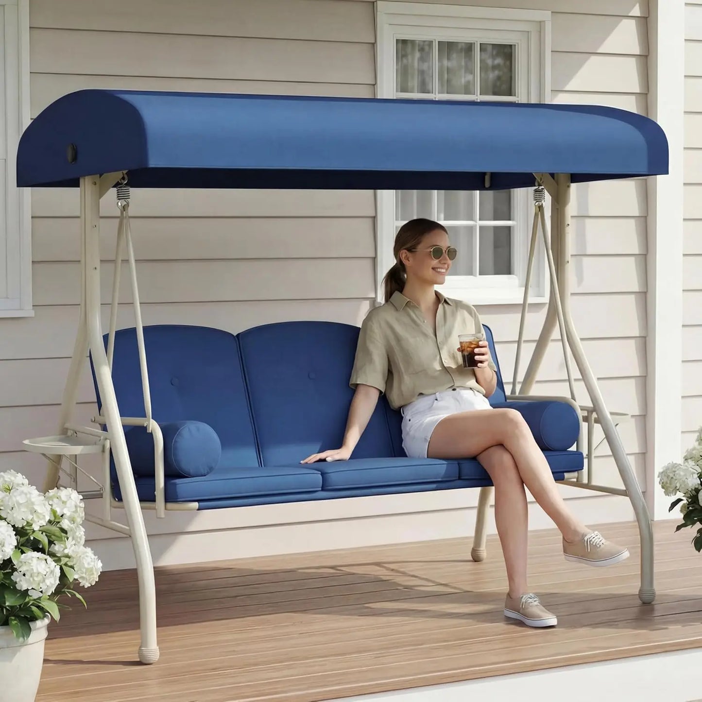 XIAOLANG Patio Swing With Canopy And Cup Holders Weather Resistant
