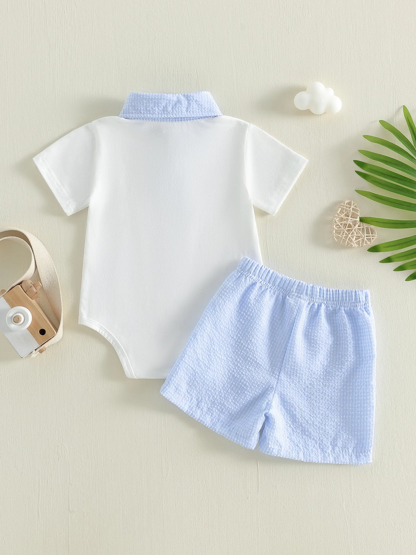 Two Piece Patchwork Plaid Romper and Elastic Waist Shorts Set for Infants