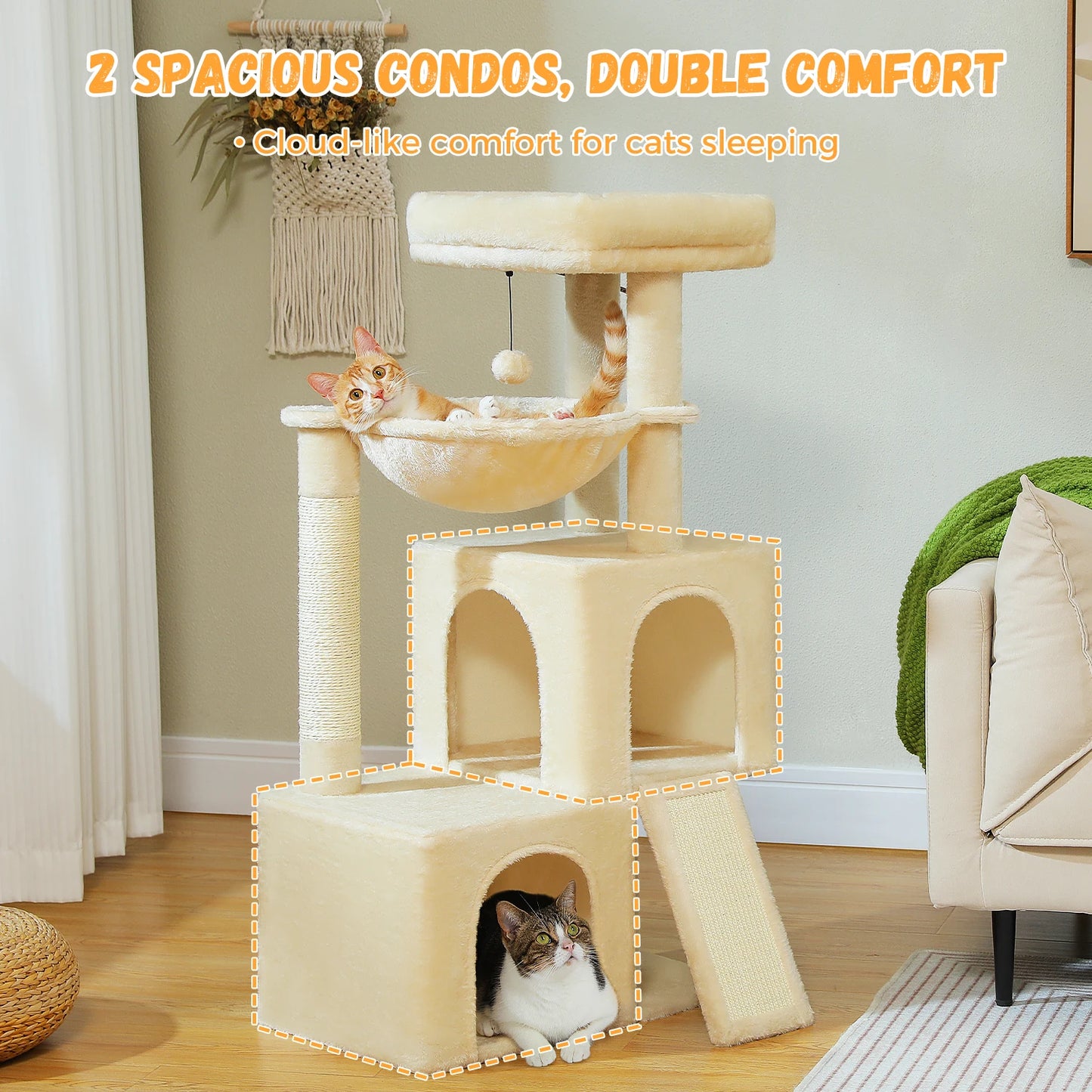 PEQULTI Cat Tree With Natural Sisal Scratching Post And Condo