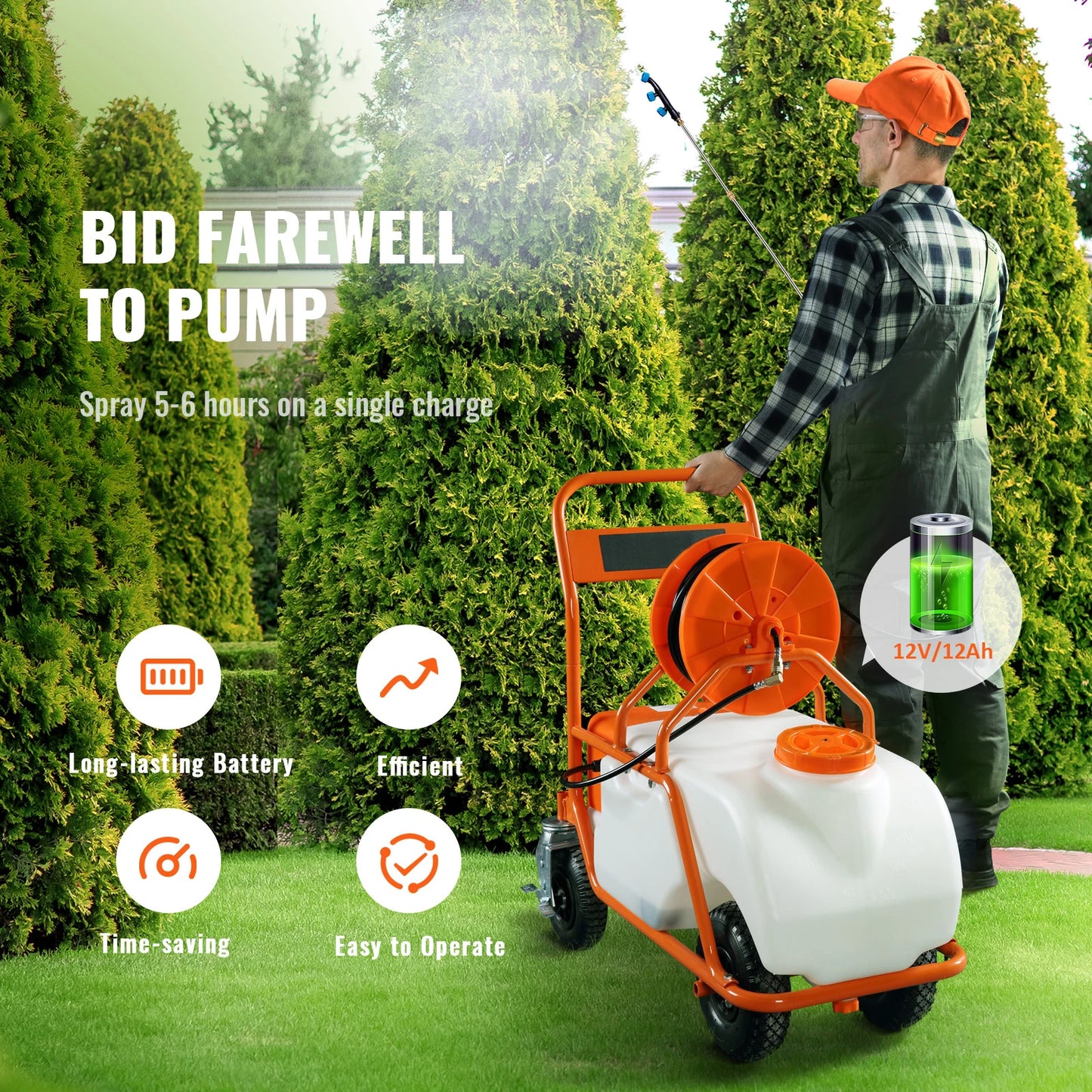 SucceBuy Battery Powered Garden Sprayer With Wheeled Cart Hose Reel