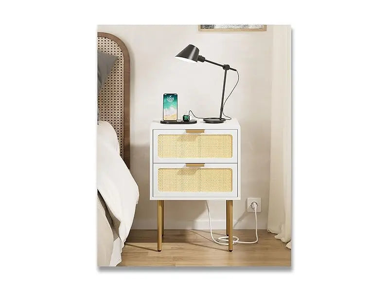 XIUWO Nightstand With Charging Station Rattan Bedside Table
