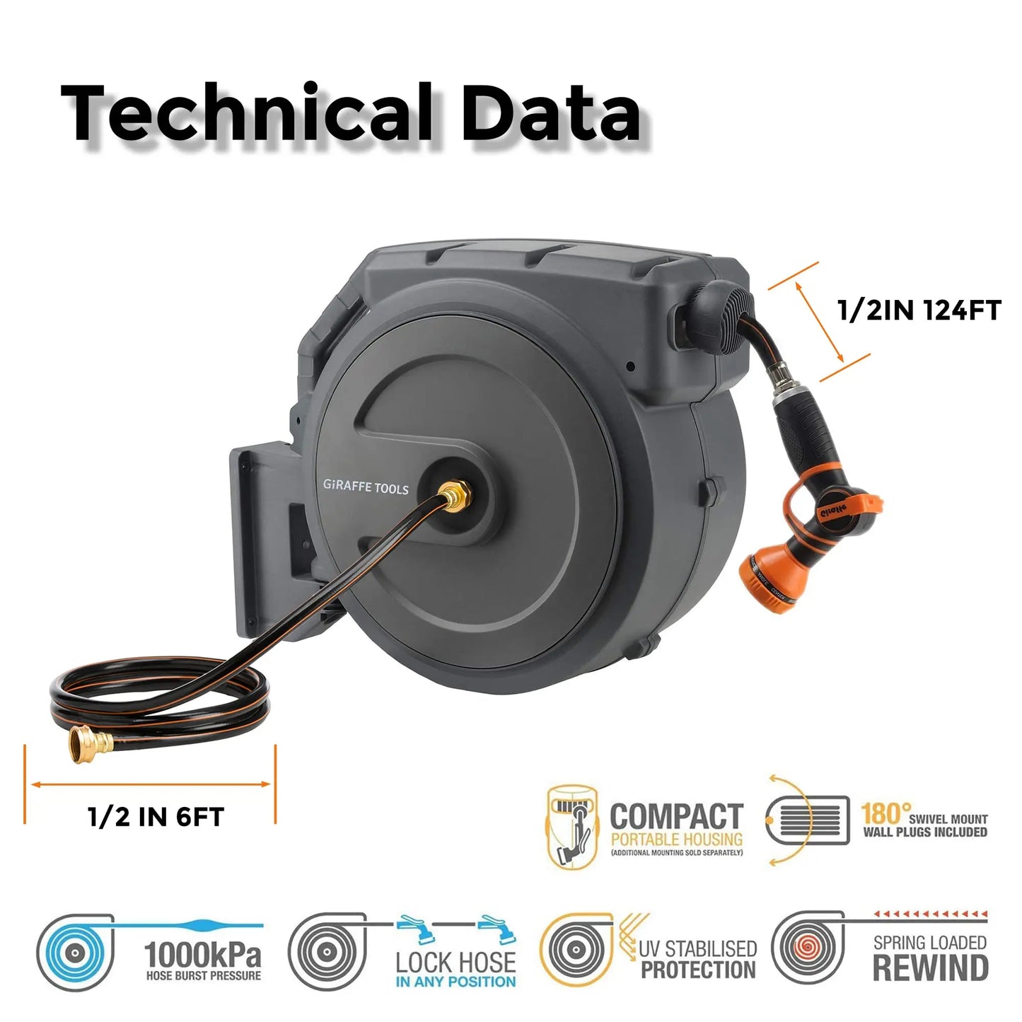 Giraffe Tools AW40 Retractable Garden Hose Reel With Locking System