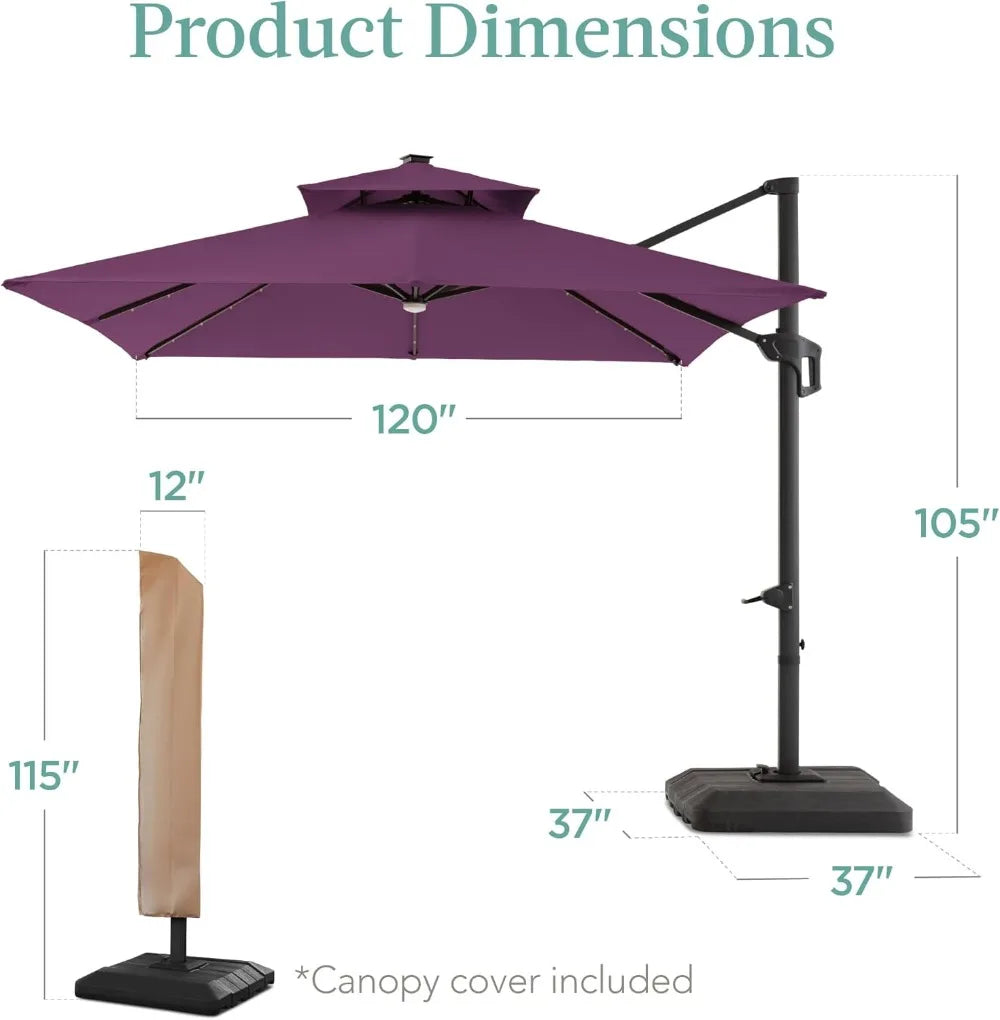NONECN Cantilever Patio Umbrella With Base And Solar LED Lights