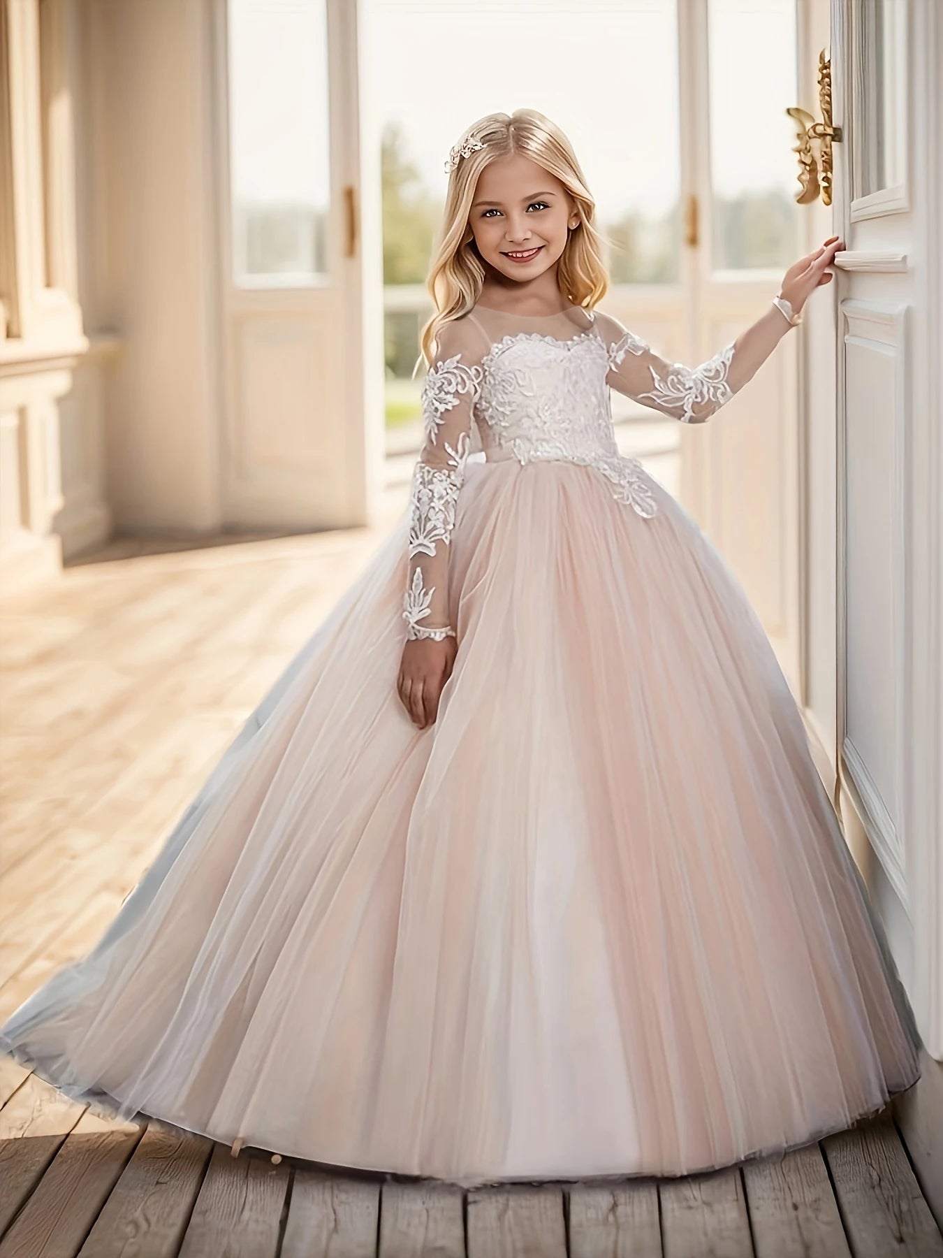 Abaowedding Lace Embroidery Sheer Long Sleeve Kids Gown