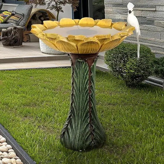 Outdoor Concrete Bird Bath Sunflower Bowl on Leaf Pedestal