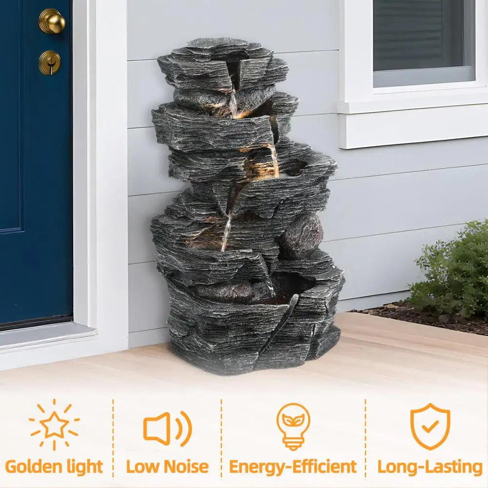 Rock Waterfall Garden Fountain With LED Light For Outdoor Decor