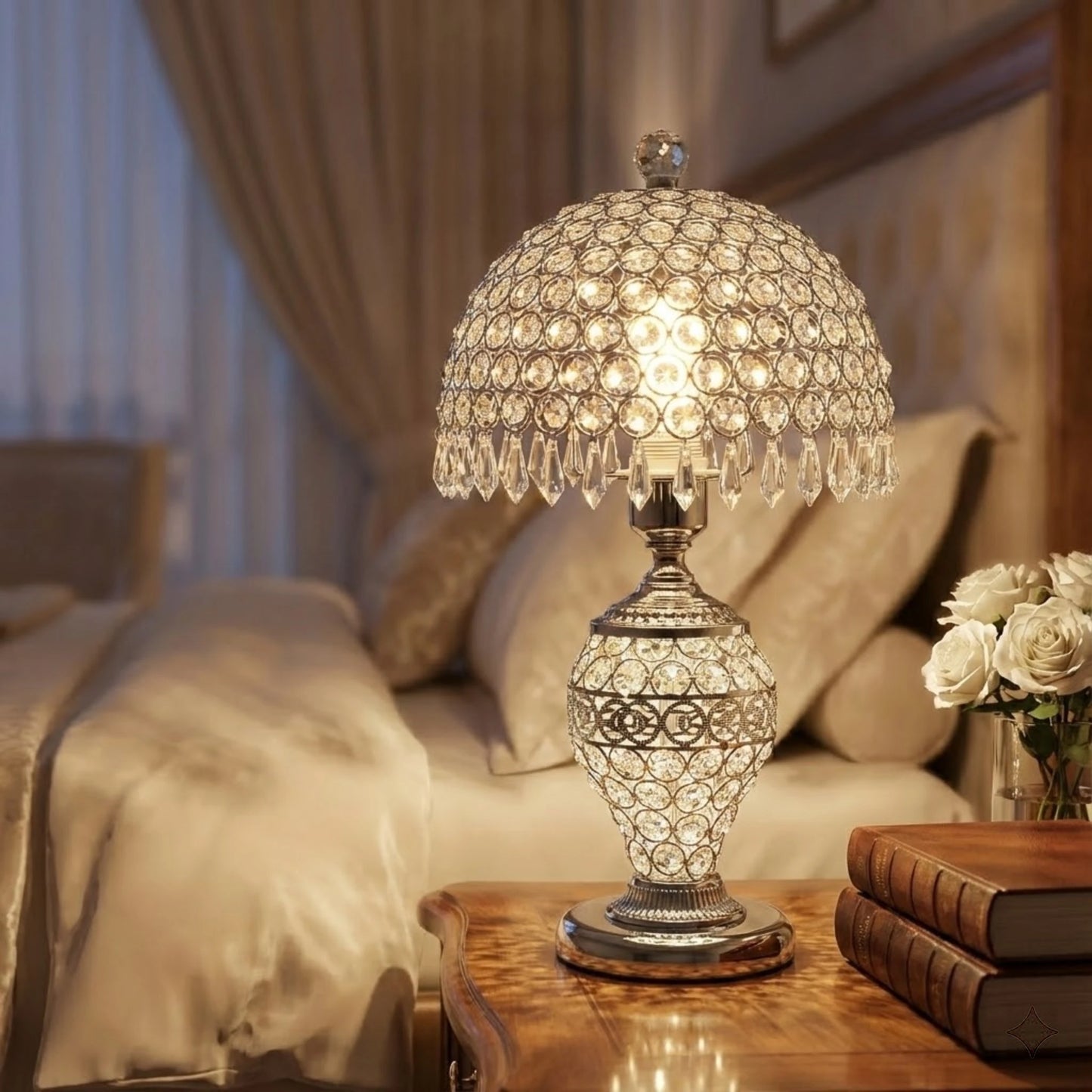 Crystal Table Lamp With Hanging Crystal Drops For Living Room