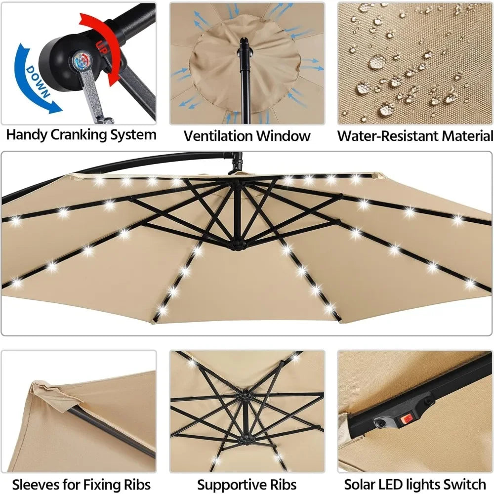 Solar Offset Cantilever Umbrella With LED Lights And Crank Base