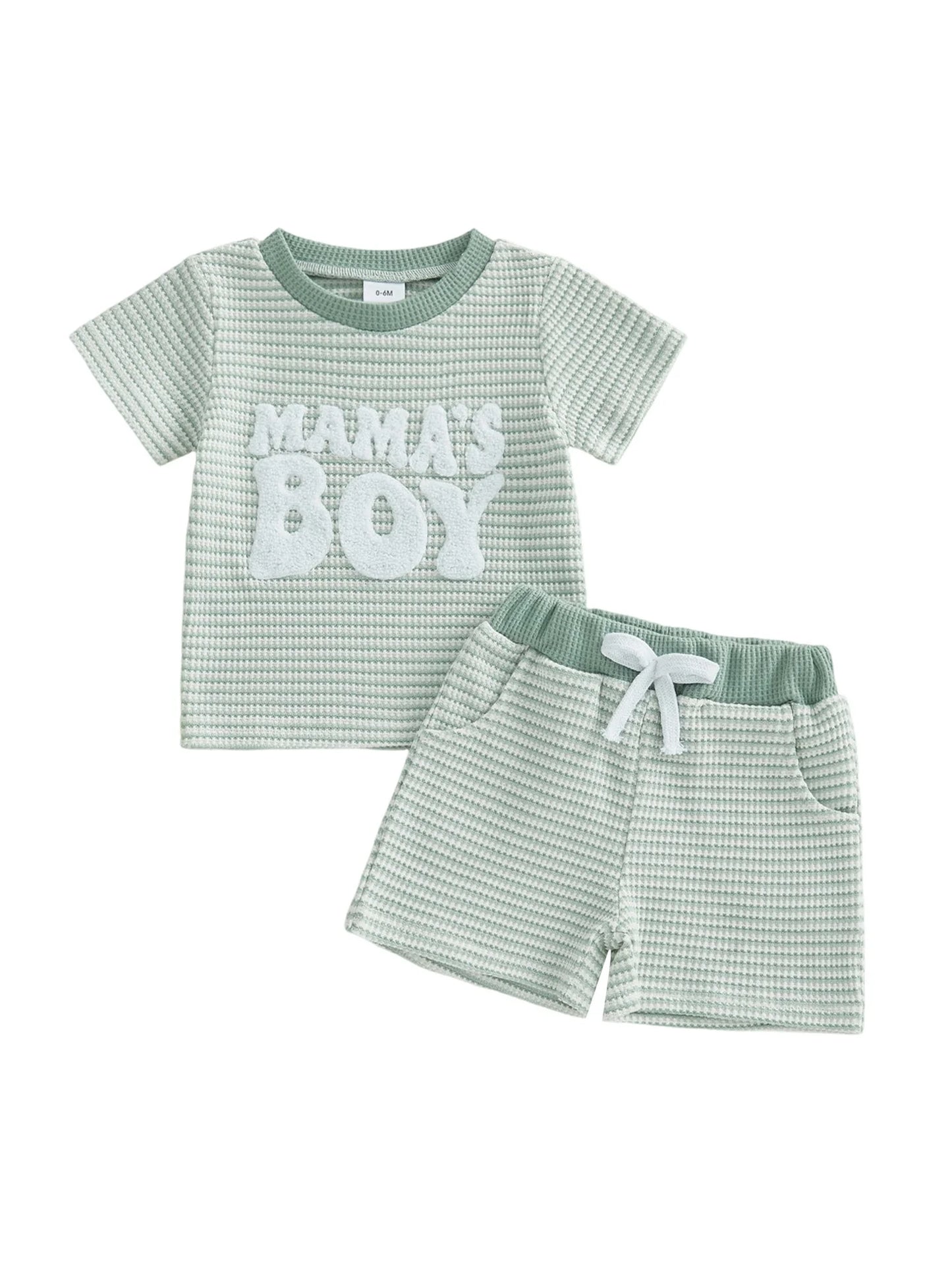 NONECN Baby Boy Summer Clothes Set Embroidered Striped Tee Shorts