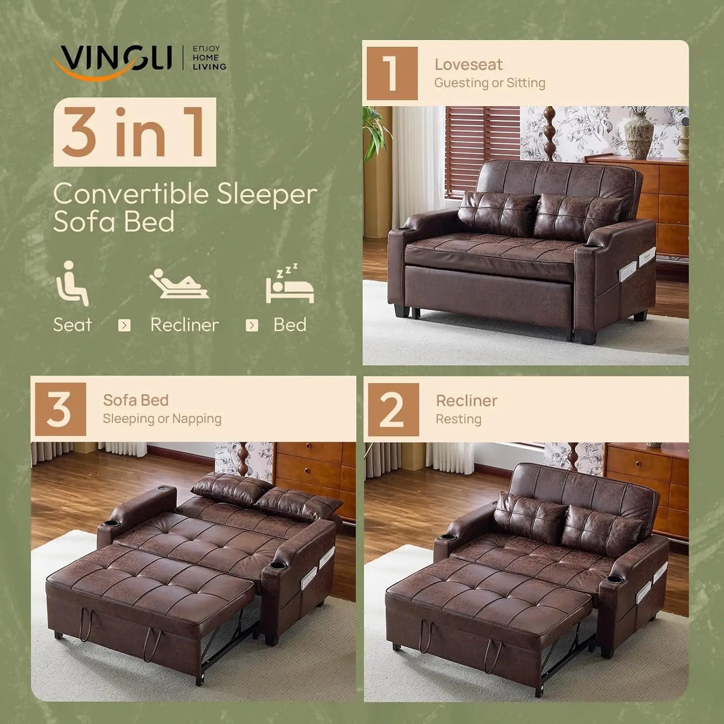 Rustic Futon Sofa Bed Convertible Loveseat With USB Ports