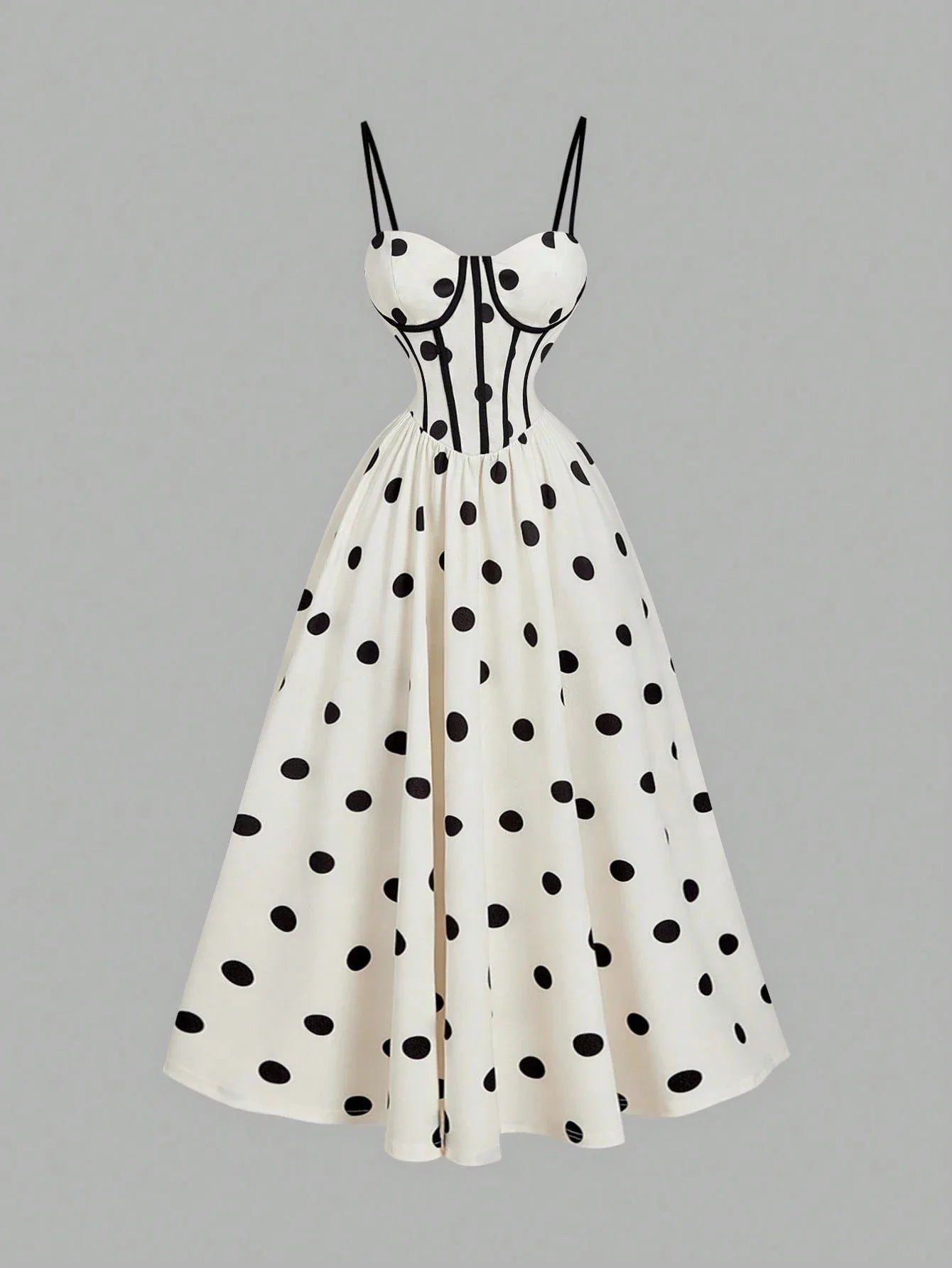 Polka Dot Midi Dress With Corset Bodice Flared Skirt