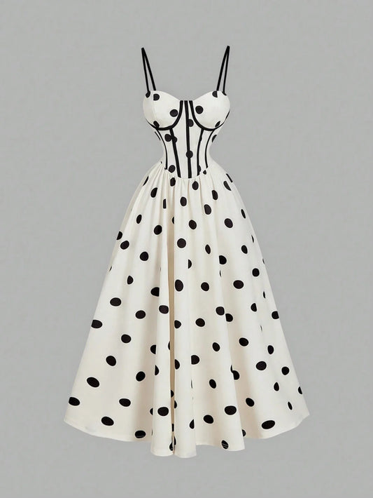 Polka Dot Midi Dress With Corset Bodice Flared Skirt