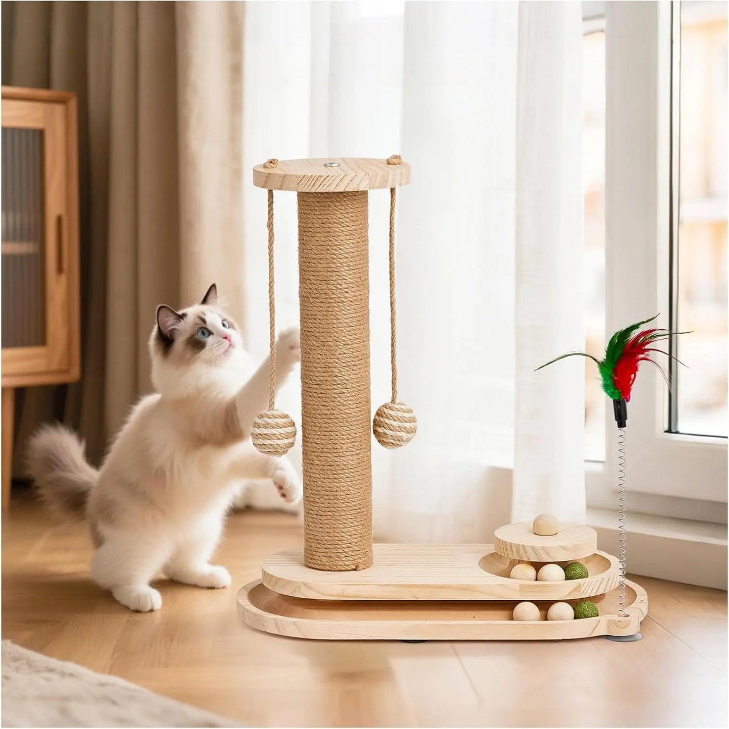 KYJGCN Sisal Cat Scratching Post Indoor Two Tier Ball Track Toy