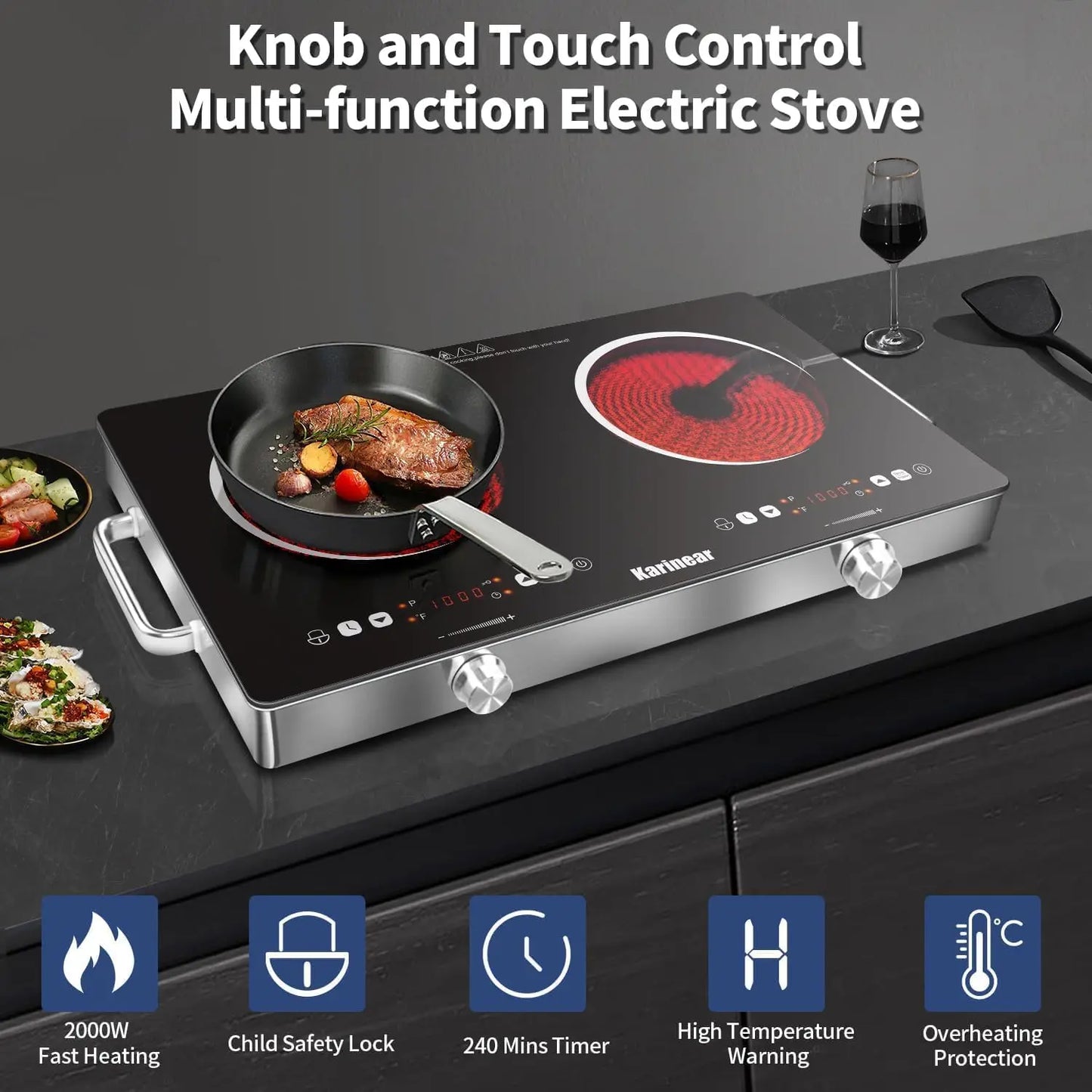 Karinear Ceramic 2 Zone Electric Hob 3200W With Safety Lock