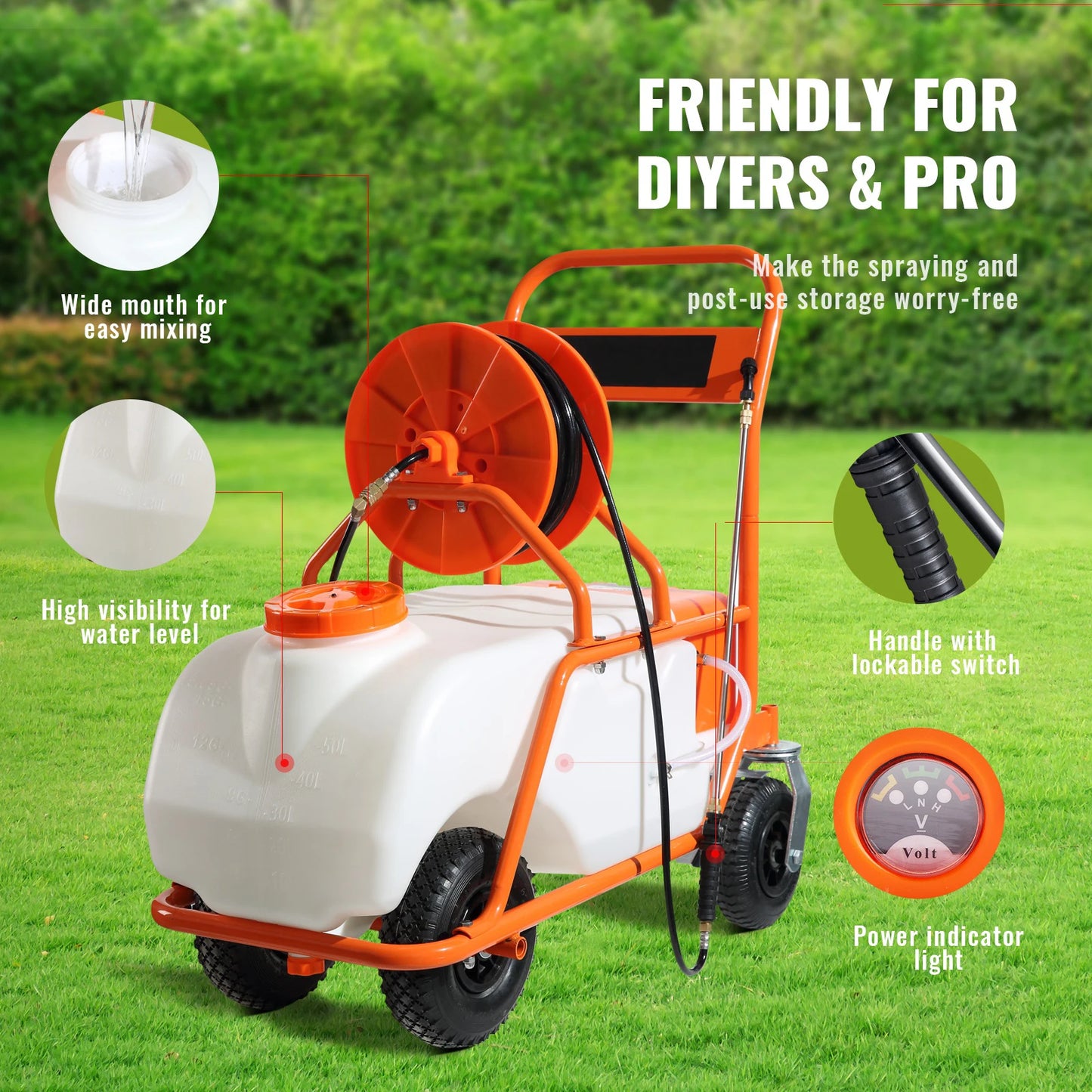 SucceBuy Battery Powered Garden Sprayer With Wheeled Cart Hose Reel