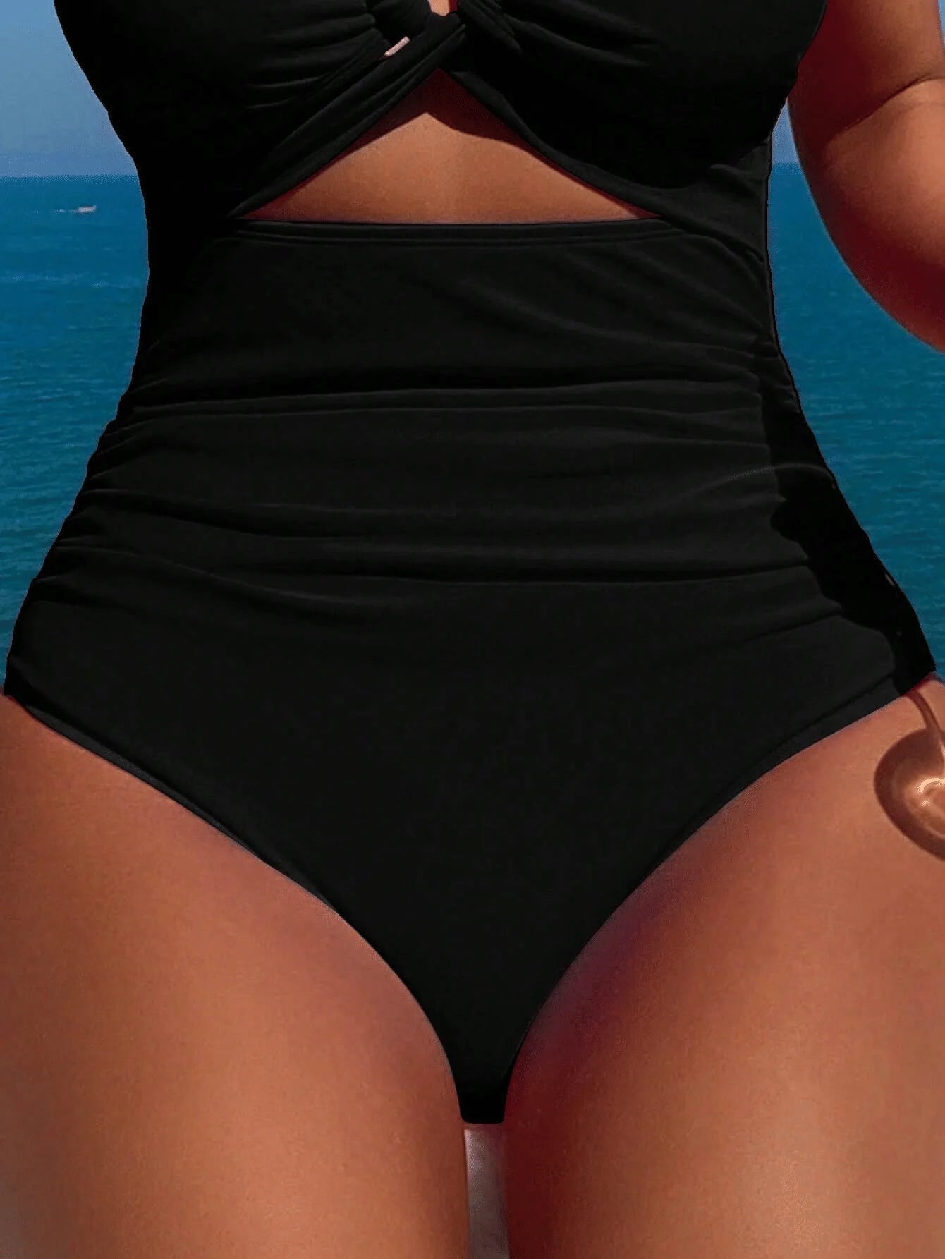 NONECN Hanging Neck Cross Pleated One Piece Bikini Swimsuit