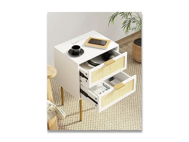 XIUWO Nightstand With Charging Station Rattan Bedside Table