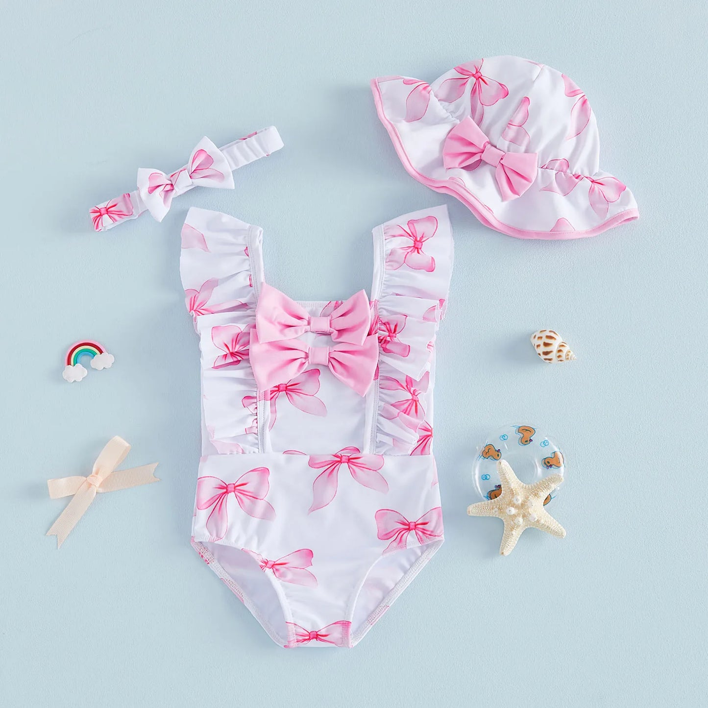 Baby Girls Ruffle Trim Swimsuit With Floral Print Beach Set