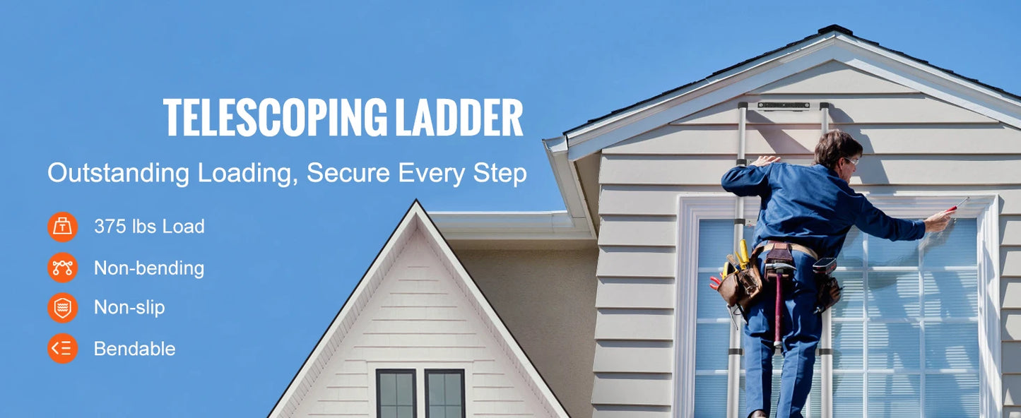 SucceBuy Telescoping Ladder Aluminum One Button Retraction 375 Lbs