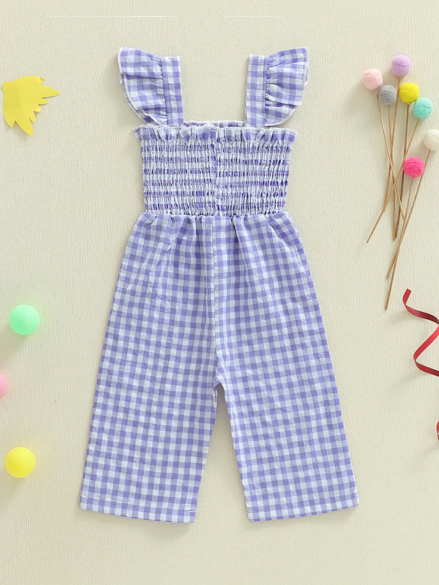 Girls Floral Embroidered Plaid Jumpsuit with Ruffle Sleeves