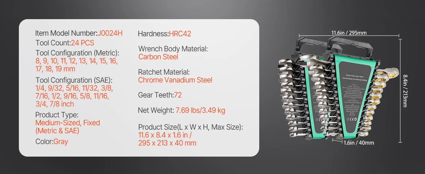 SucceBuy Ratcheting Wrench Set CRV Steel With Organizer SAE Metric