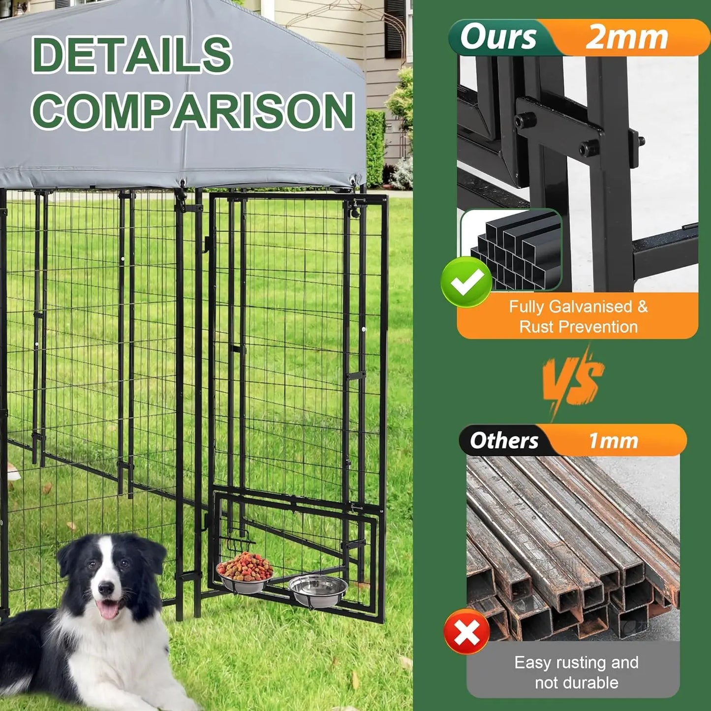 8x4x6 FT Heavy Duty Outdoor Dog Kennel with Roof, Rotating Bowls, Secure Lock for Large Dogs