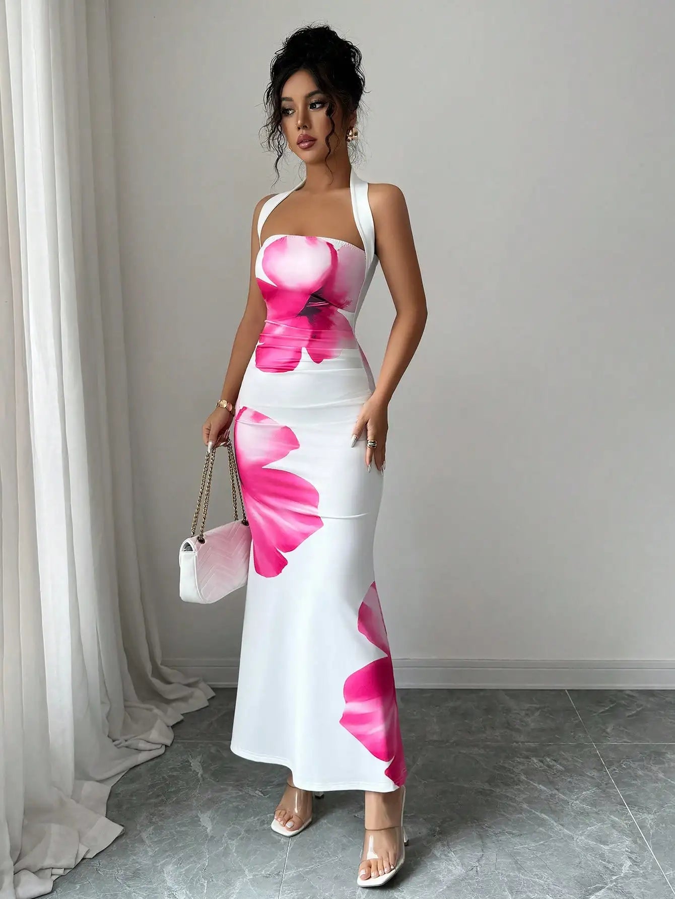 Halter Neck Floral Print Slim Fit Midi Dress For Summer
