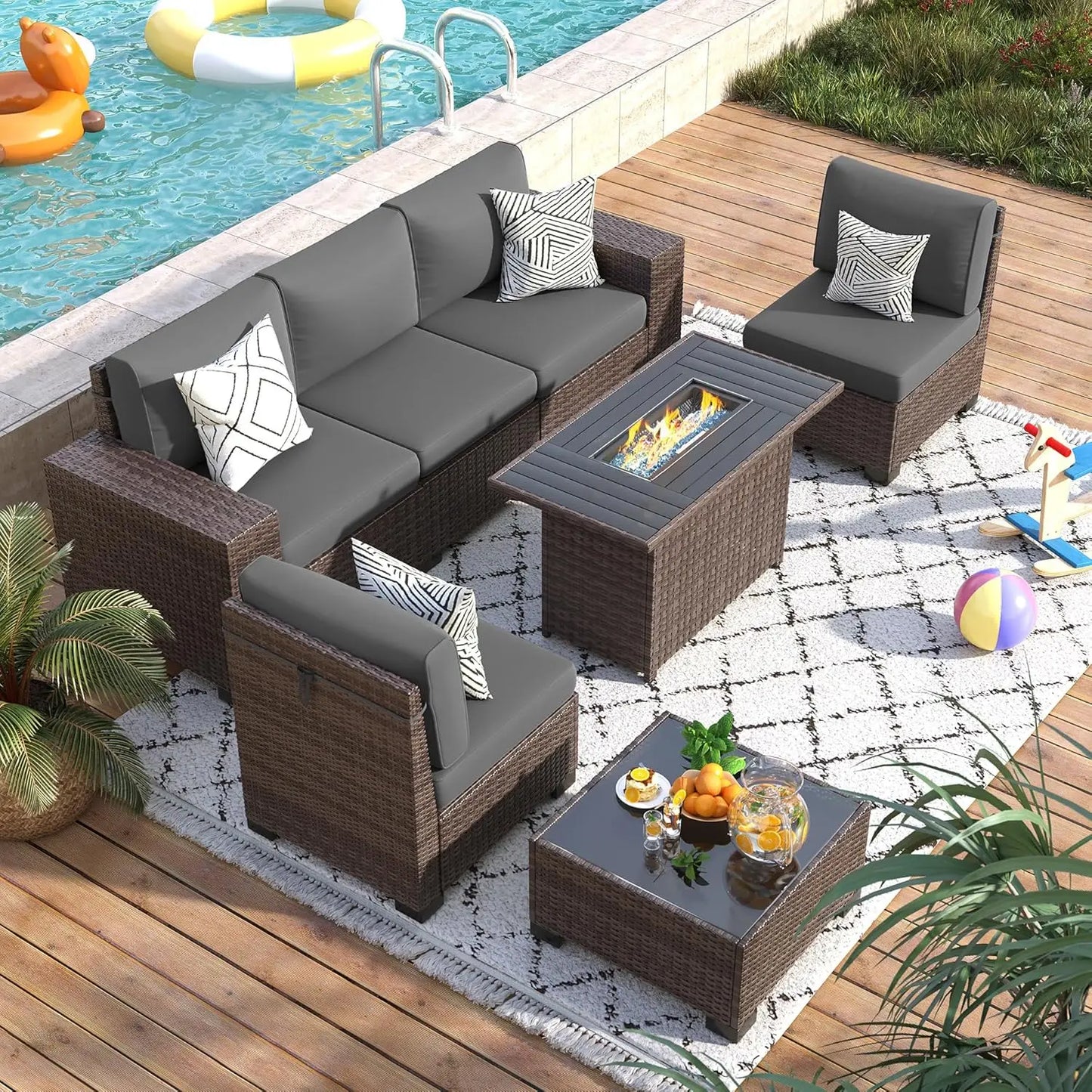 XIAOLANG 7-Piece Outdoor Patio Furniture Set With Fire Pit Table