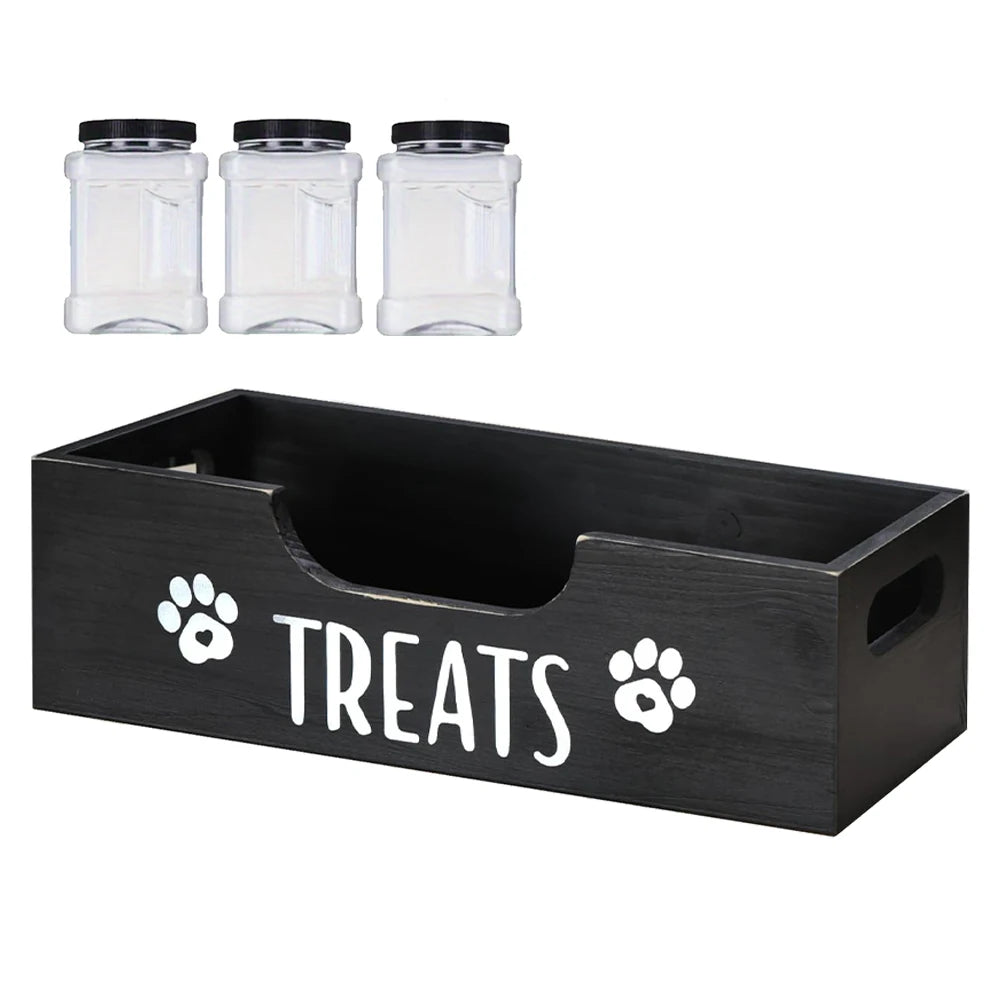 Wooden Dog Food Storage Holder With 3 Treat Jars Airtight