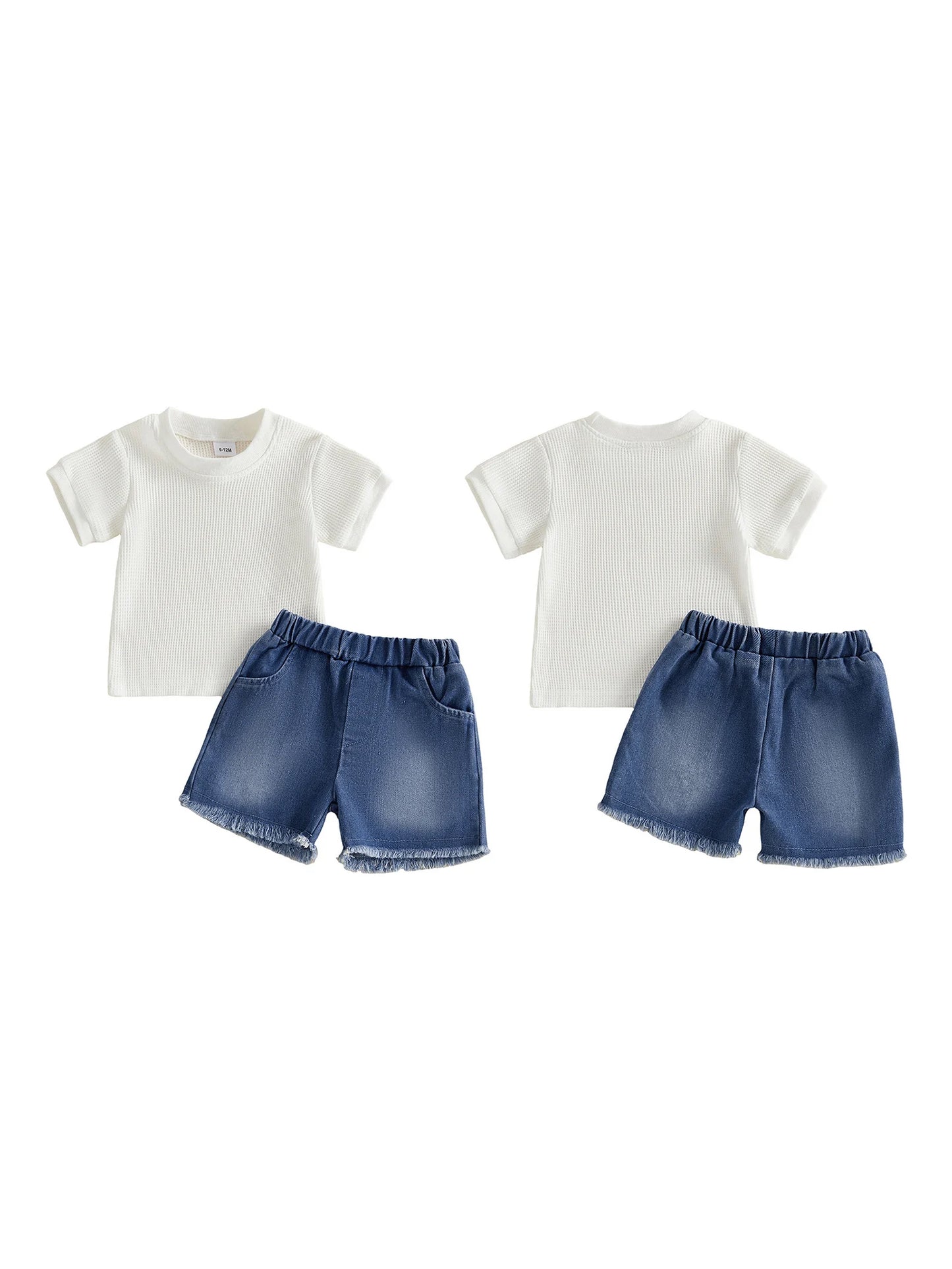 Two-Piece Infant Summer Outfit Set Crew Neck Tops Denim Shorts
