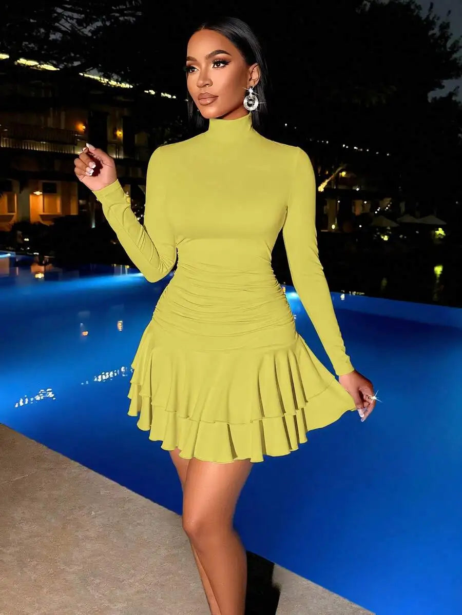 High Neck Long Sleeve Ruched Double Ruffle Mini Dress