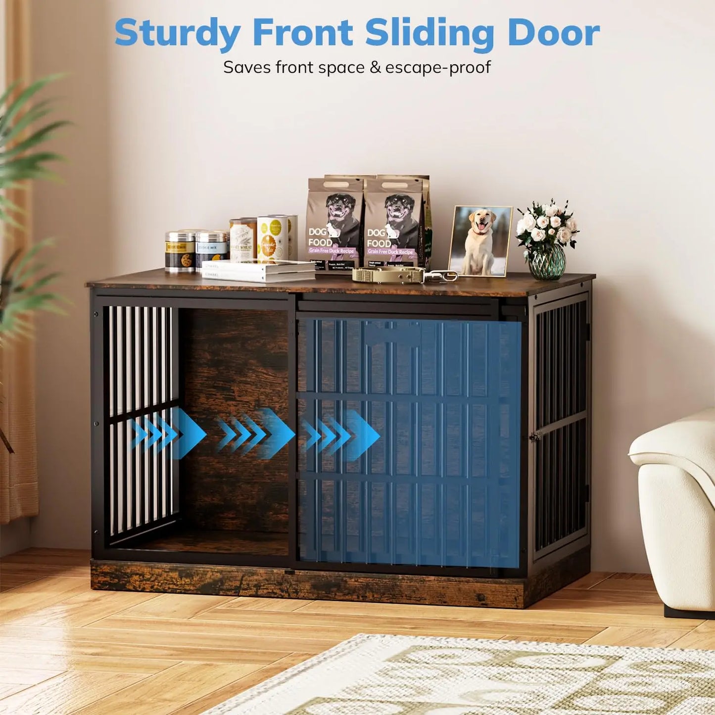 47in Wooden Dog Crate with Name Tag, Sliding Barn Door, Heavy Duty Indoor Kennel, Side End Table, TV Stand, Brown, Custom