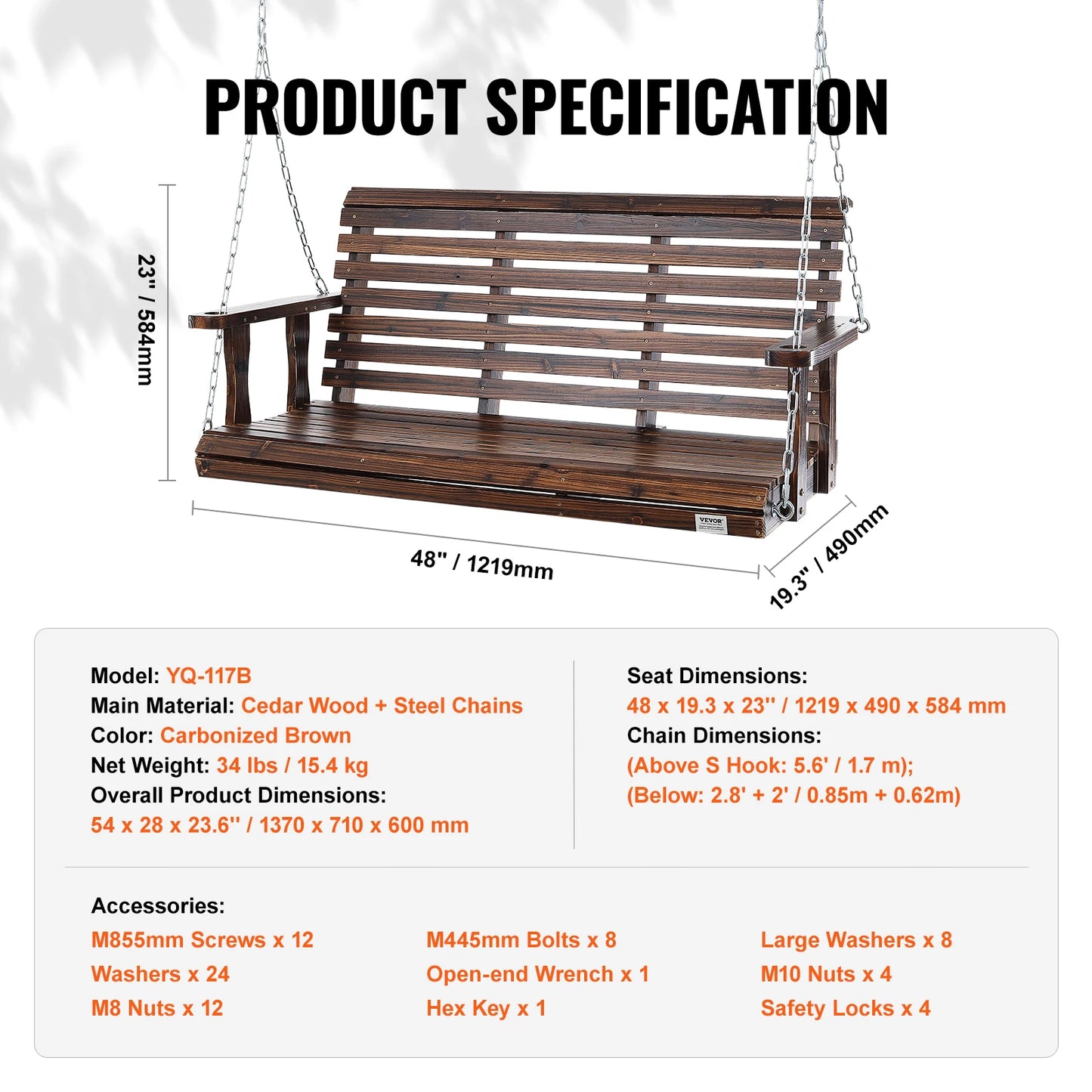 SucceBuy Wooden Porch Swing Patio Bench With 880 Lbs Capacity