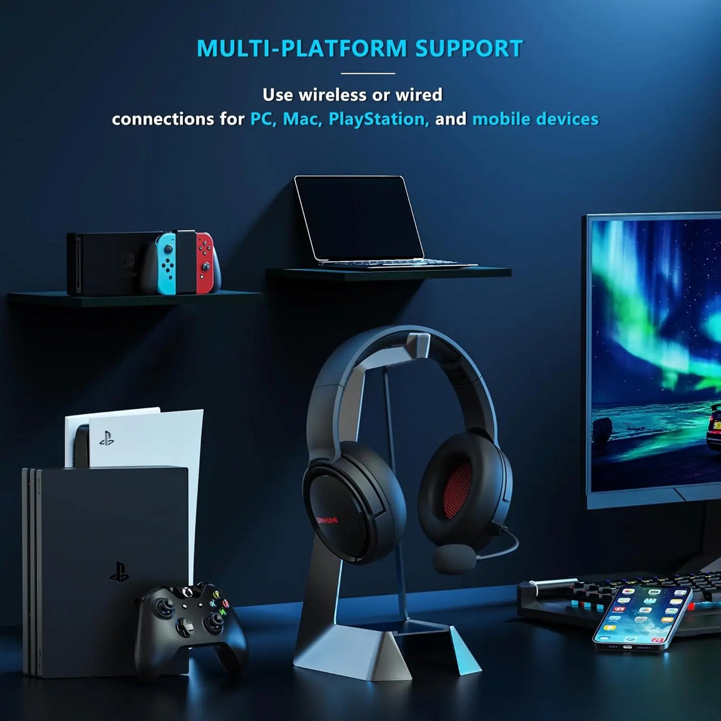 BINNUNE 2.4G Wireless Gaming Headset PS5 PS4 PC NS