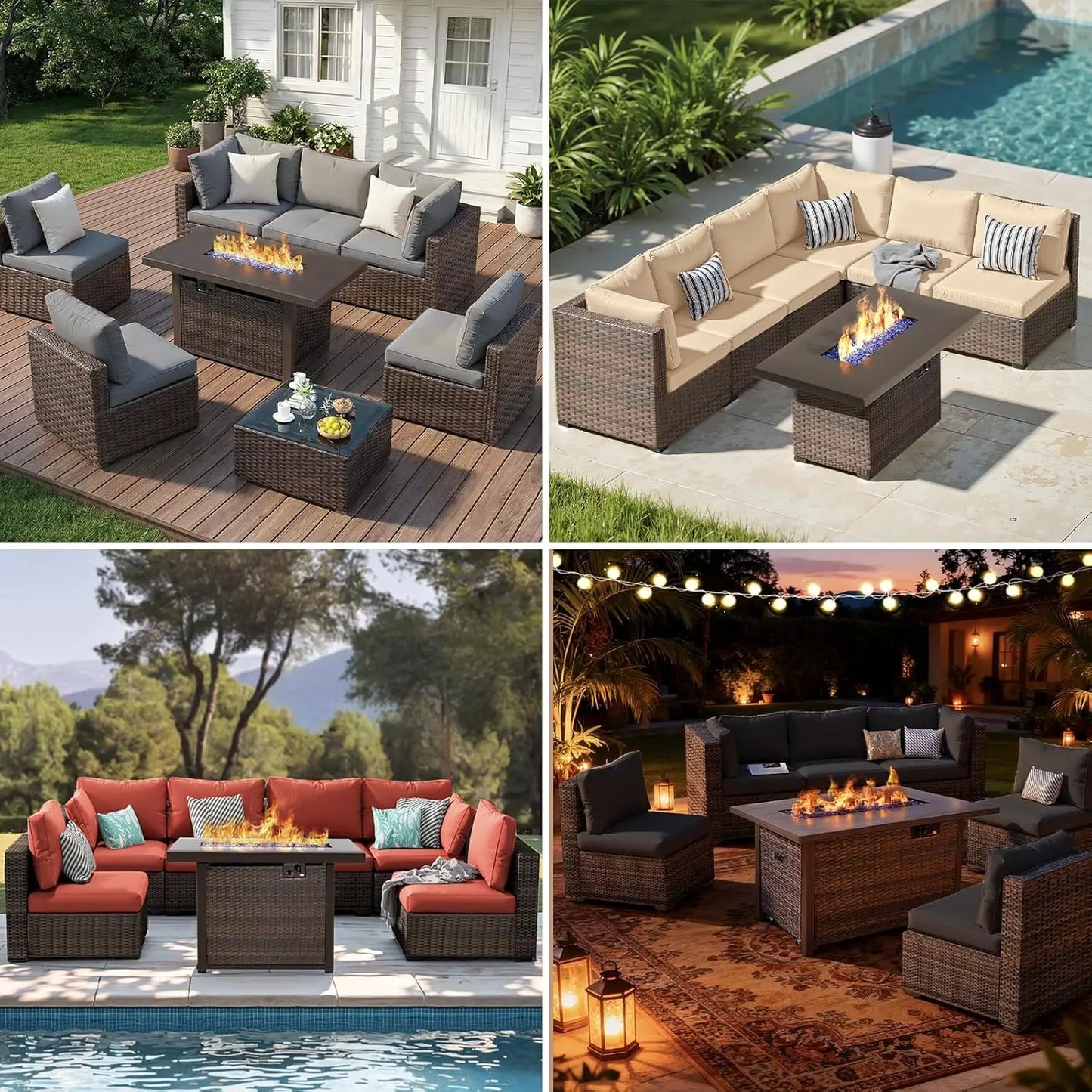 XIAOLANG 7-Piece Outdoor Patio Sectional Sofa Set With Firepit Table