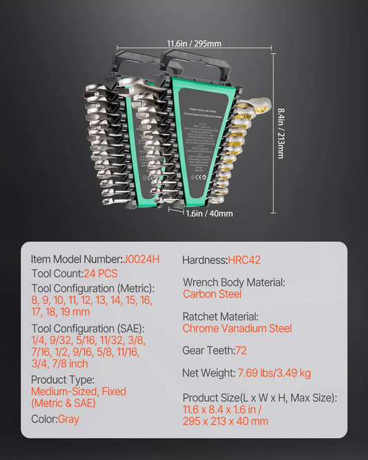SucceBuy Ratcheting Wrench Set CRV Steel With Organizer SAE Metric