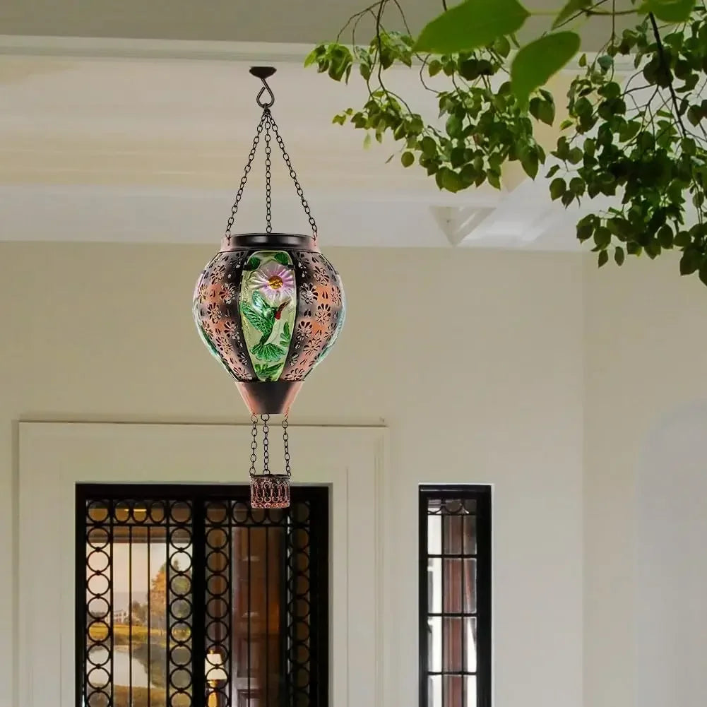 Hummingbird Solar Lantern Hot Air Balloon With Metal And Glass