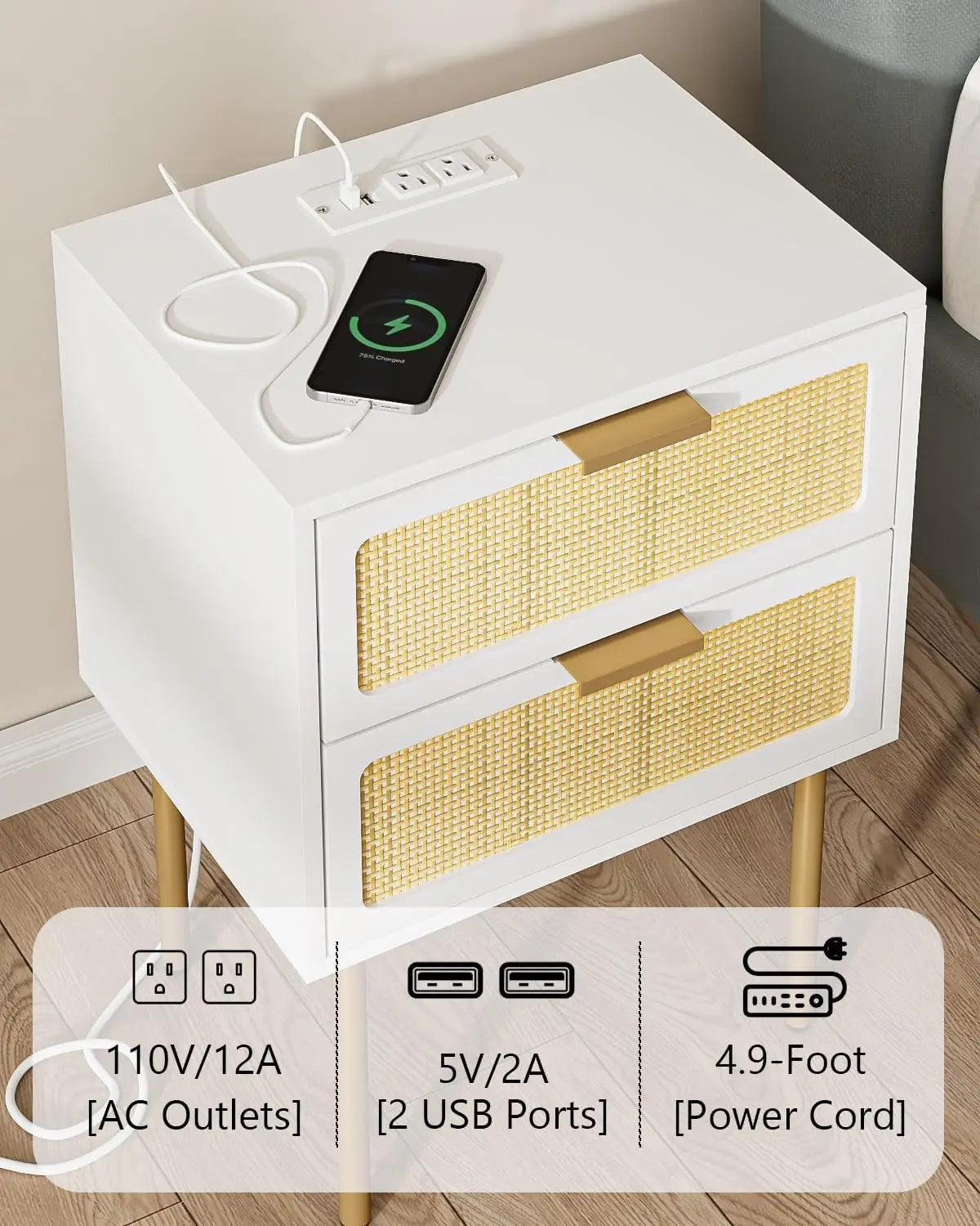 XIUWO Nightstand With Charging Station Rattan Bedside Table